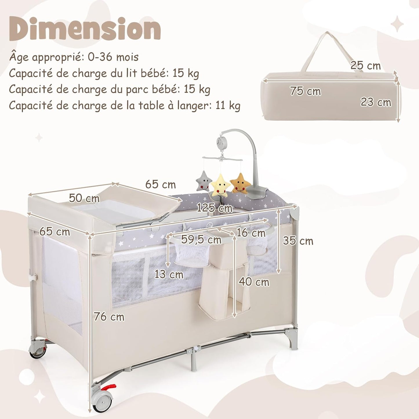 Lit cododo facilement transportable Beige Gris Beige-Gris-