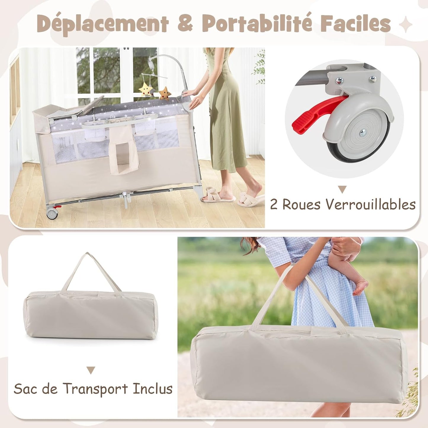 Lit cododo facilement transportable Beige Gris Beige-Gris-